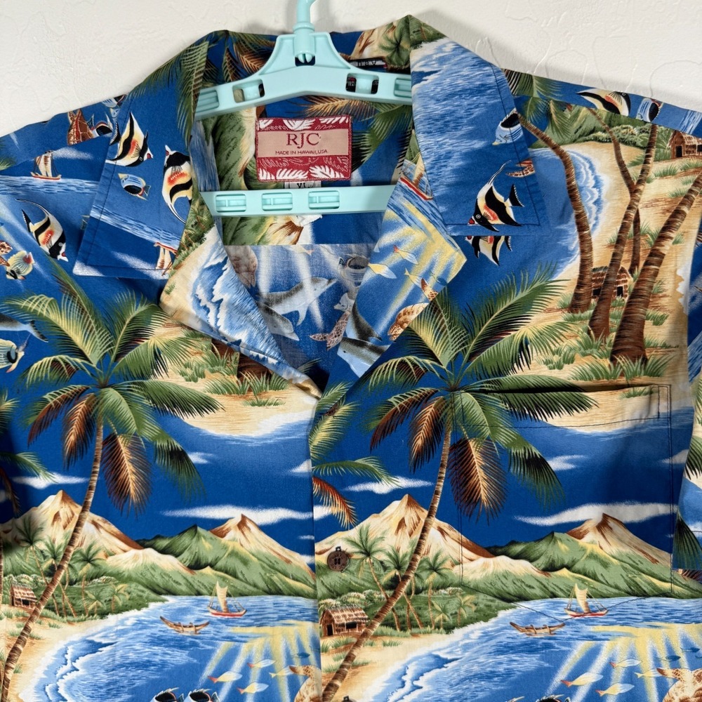 RJC Shirt Mens XL Blue Hawaiian Camp Island Beach Ocean Fish Turtle Aloha
